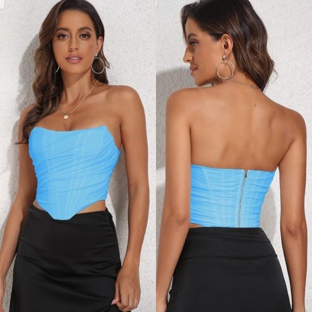 🧡Marthea Chic Strapless Blue Corset Top☆ - Picture 1 of 3